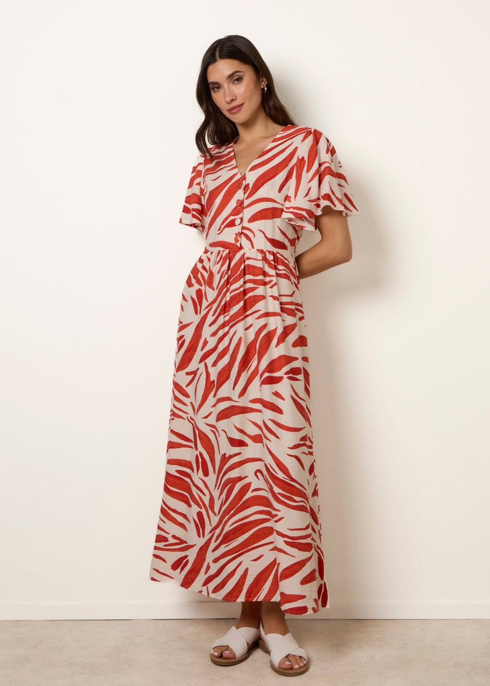 Blue Vanilla Orange Dress With Brushstroke Leaf Print