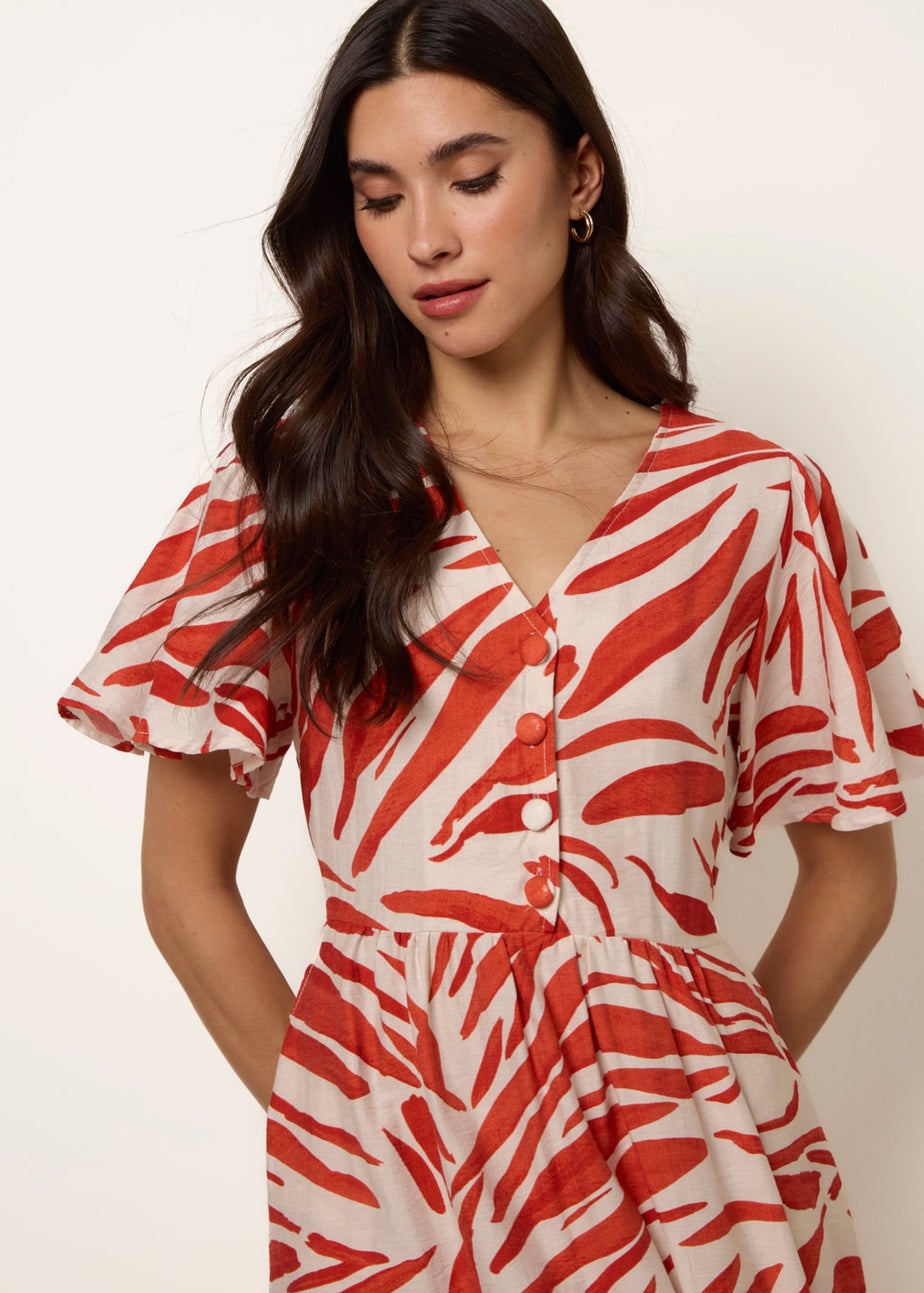 Blue Vanilla Orange Dress With Brushstroke Leaf Print