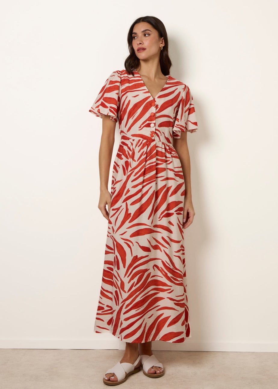 Blue Vanilla Orange Dress With Brushstroke Leaf Print