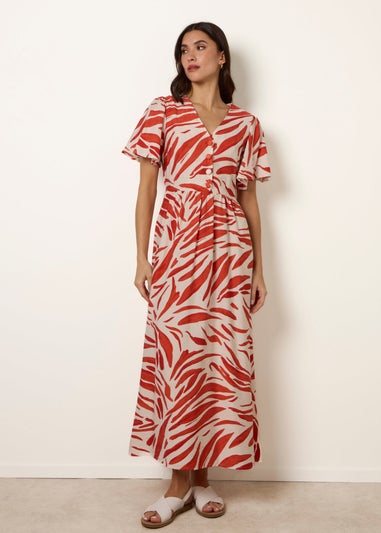 Blue Vanilla Orange Dress With Brushstroke Leaf Print