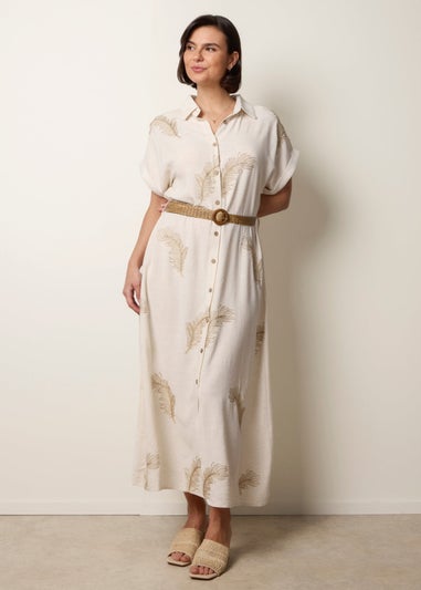 Blue Vanilla Cream Linen Belted Dress With Feather Embroidery