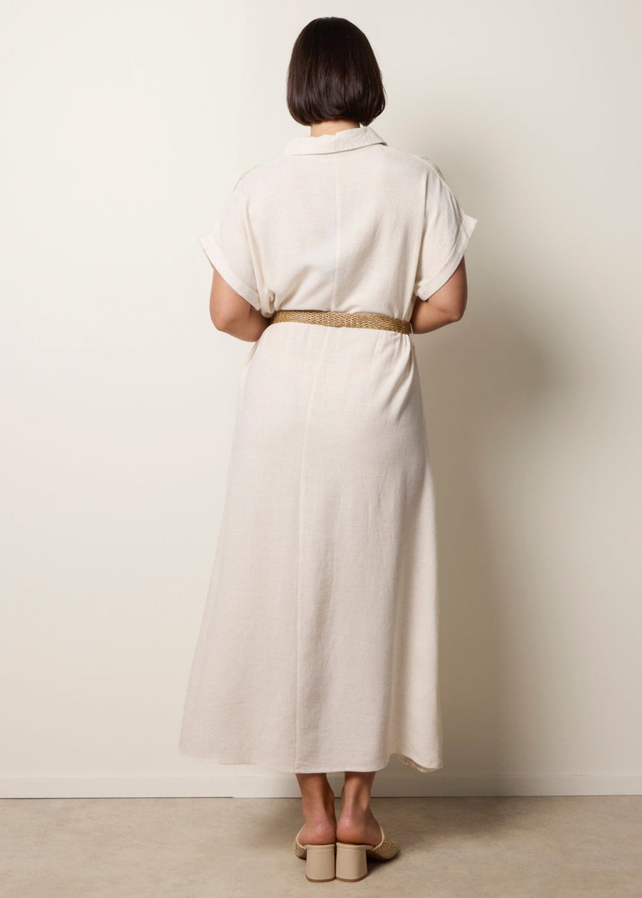 Blue Vanilla Cream Linen Belted Dress With Feather Embroidery