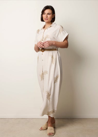 Blue Vanilla Cream Linen Belted Dress With Feather Embroidery