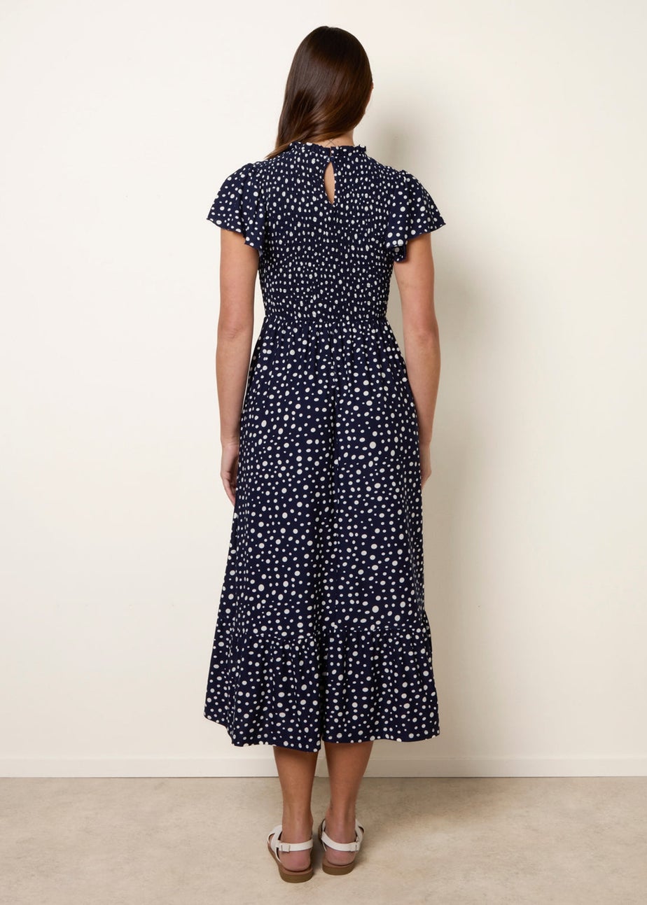 Blue Vanilla Navy Polka Dot Shirred Frill Neck Midi Dress