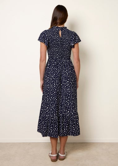 Blue Vanilla Navy Polka Dot Shirred Frill Neck Midi Dress