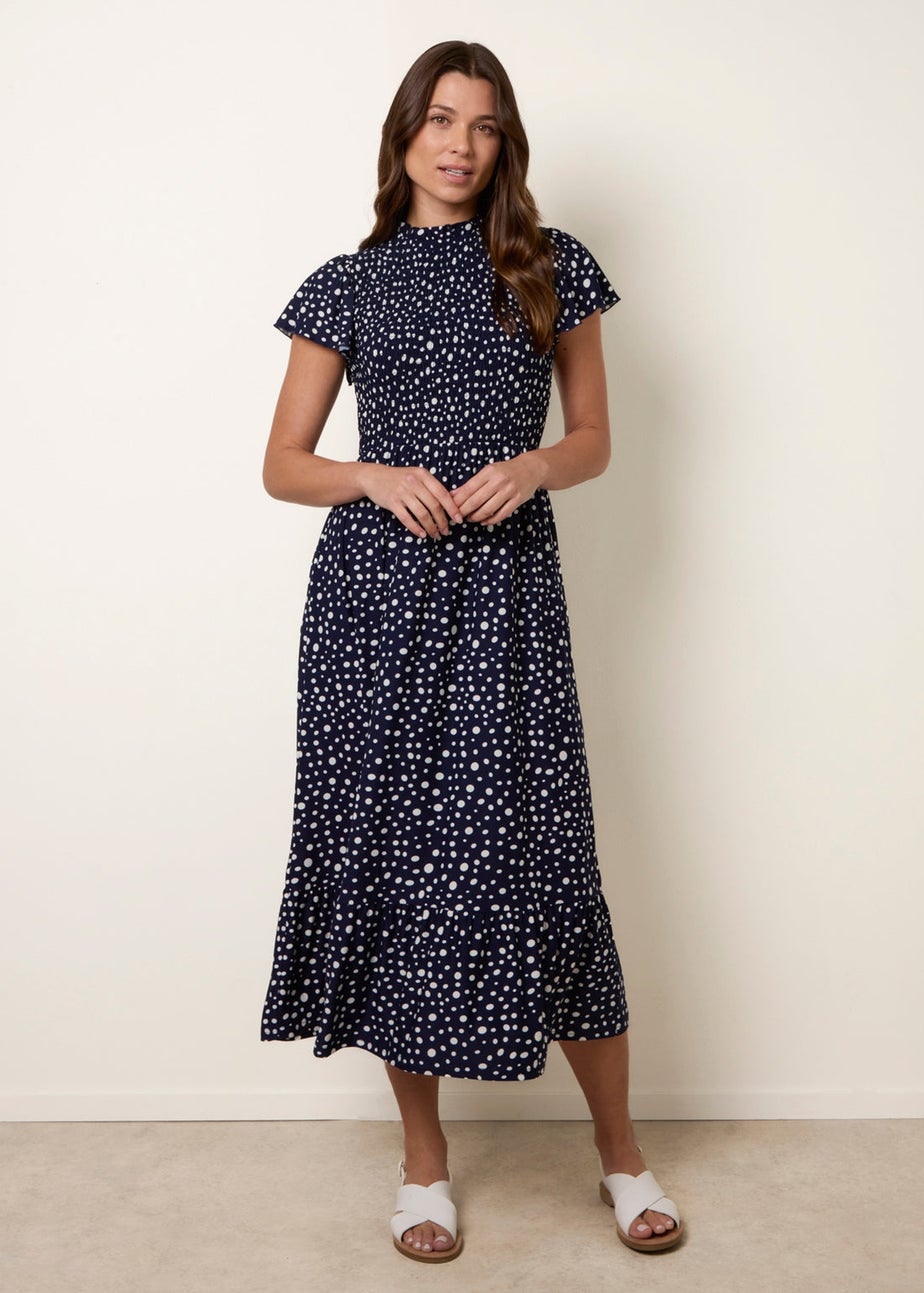 Blue Vanilla Navy Polka Dot Shirred Frill Neck Midi Dress