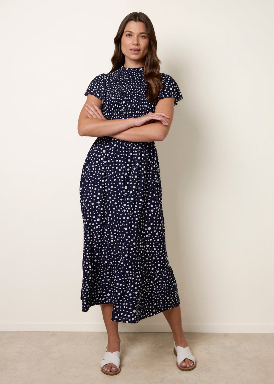 Blue Vanilla Navy Polka Dot Shirred Frill Neck Midi Dress
