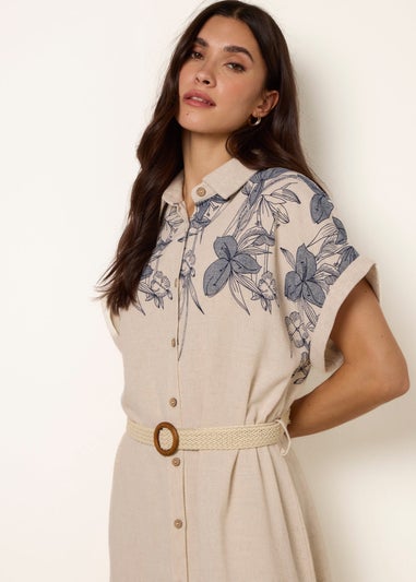Blue Vanilla Cream Printed Linen Belted Dress