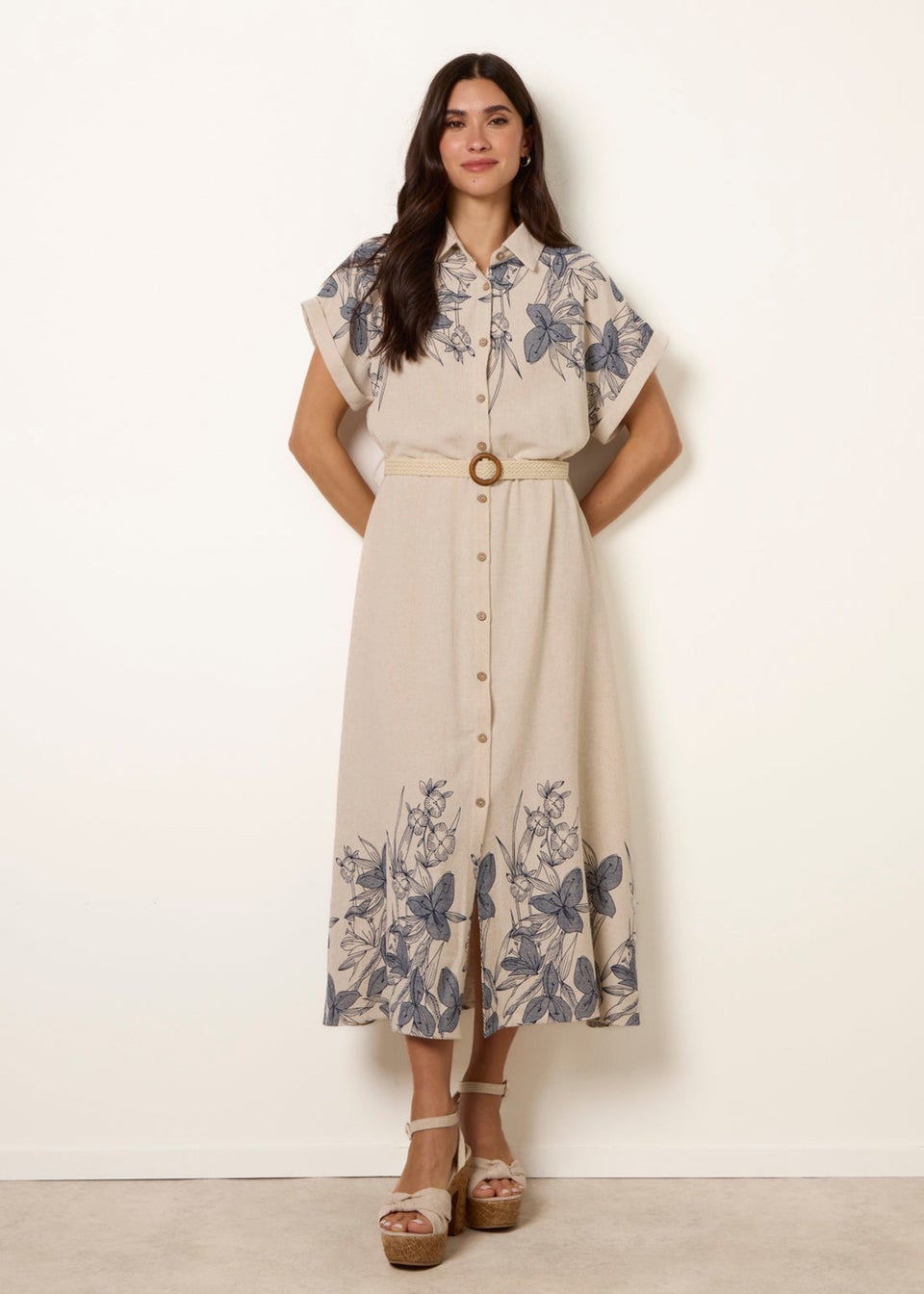 Blue Vanilla Cream Printed Linen Belted Dress