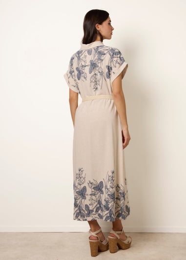 Blue Vanilla Cream Printed Linen Belted Dress