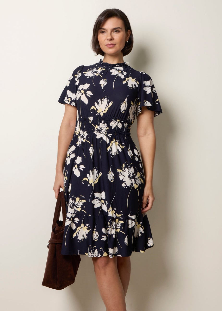 Blue Vanilla Navy Elasticated Frill High Neck Floral Mini Dress