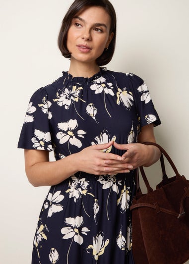Blue Vanilla Navy Elasticated Frill High Neck Floral Mini Dress