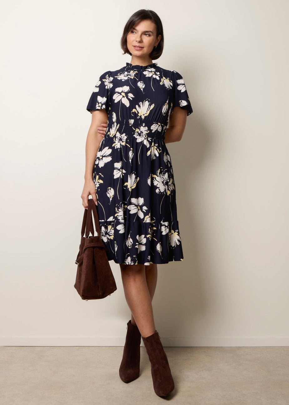 Blue Vanilla Navy Elasticated Frill High Neck Floral Mini Dress