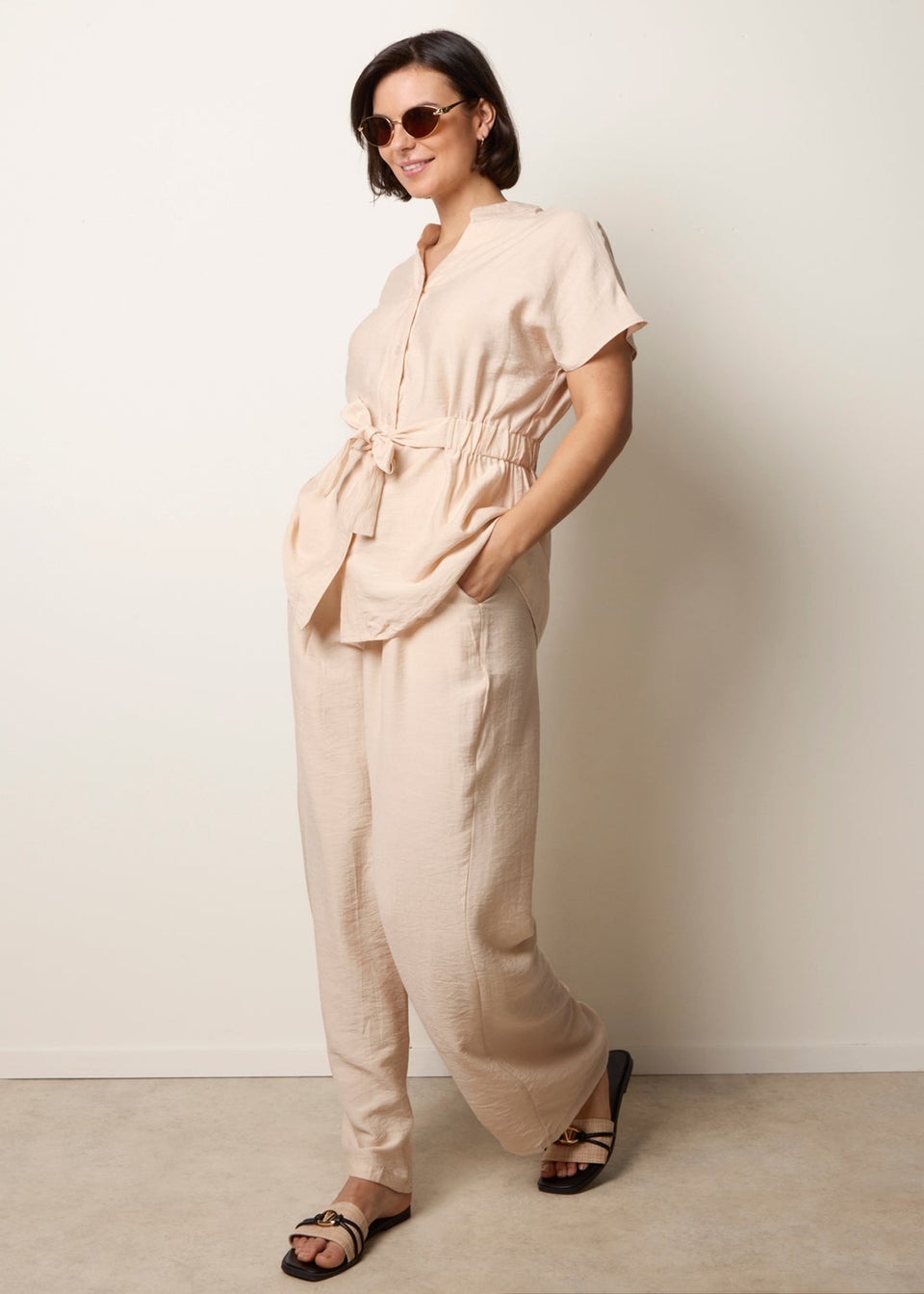 Blue Vanilla Beige Two Piece Belted Co-Ord Set