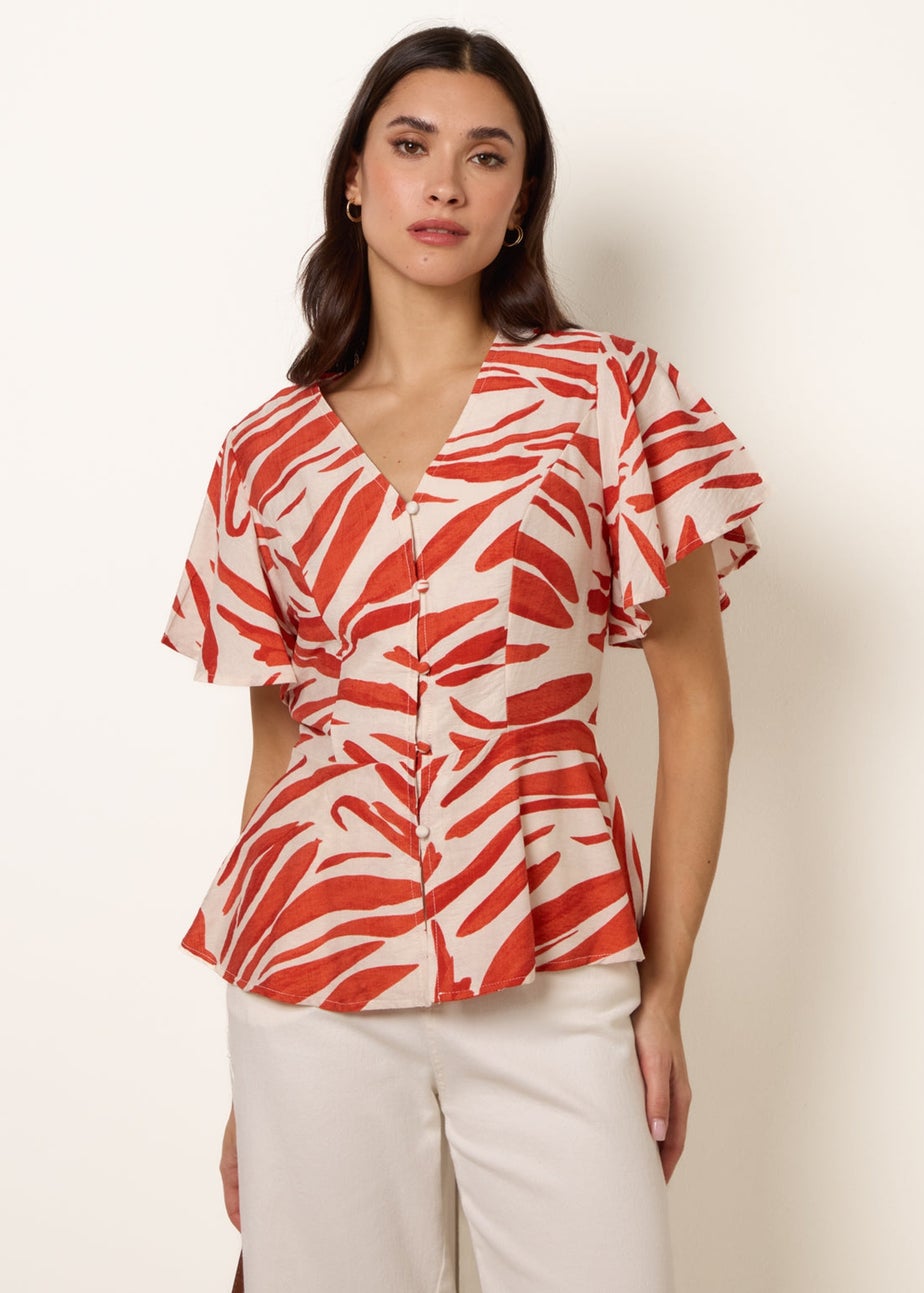 Blue Vanilla Orange Top With Brushstroke Leaf Print