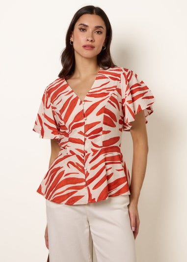 Blue Vanilla Orange Top With Brushstroke Leaf Print