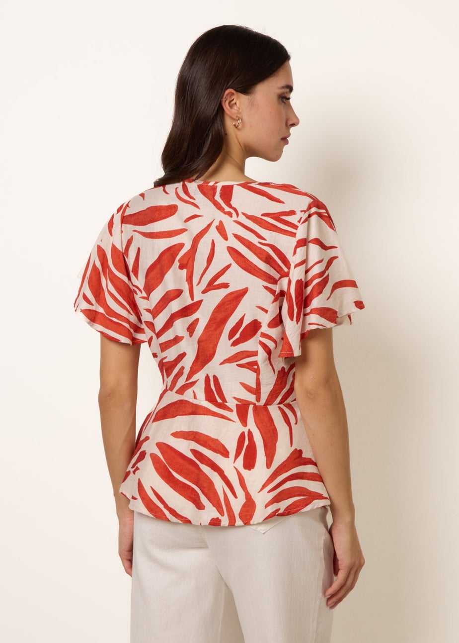 Blue Vanilla Orange Top With Brushstroke Leaf Print