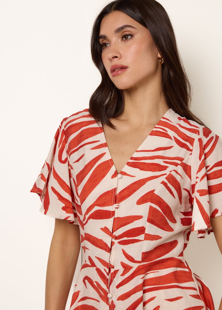 Blue Vanilla Orange Top With Brushstroke Leaf Print