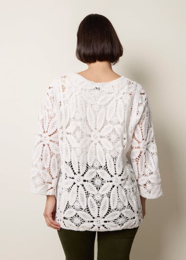 Blue Vanilla Ivory Flower Crochet Long Sleeve Top