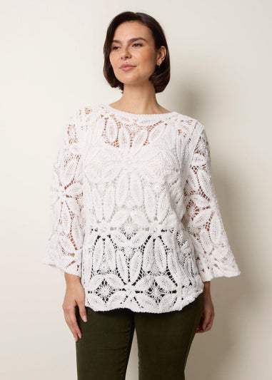Blue Vanilla Ivory Flower Crochet Long Sleeve Top