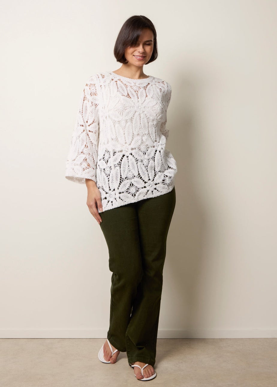 Blue Vanilla Ivory Flower Crochet Long Sleeve Top