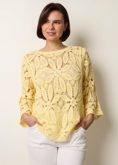 Blue Vanilla Yellow Flower Crochet Long Sleeve Top