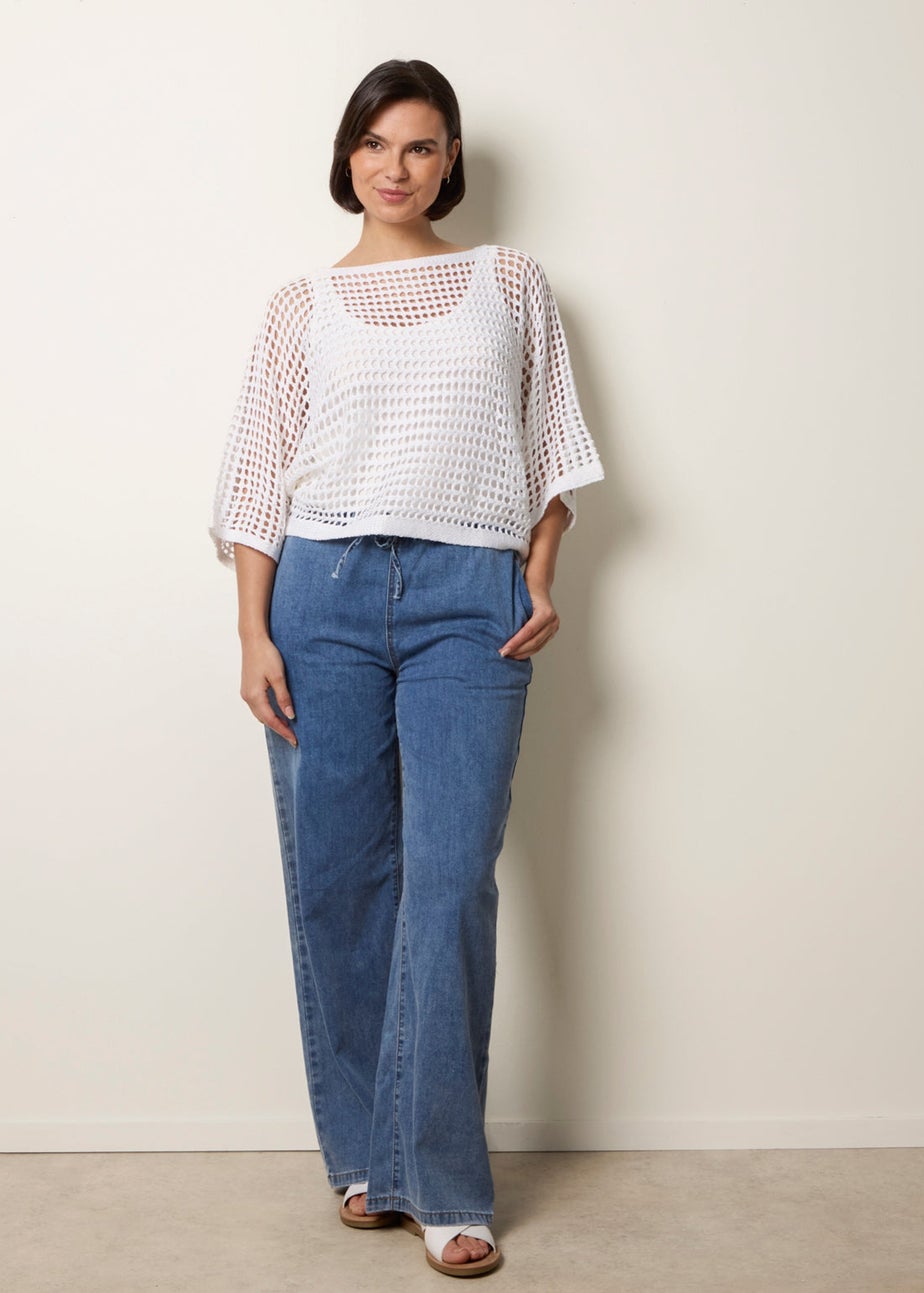 Blue Vanilla Ivory Round Neck Net Top