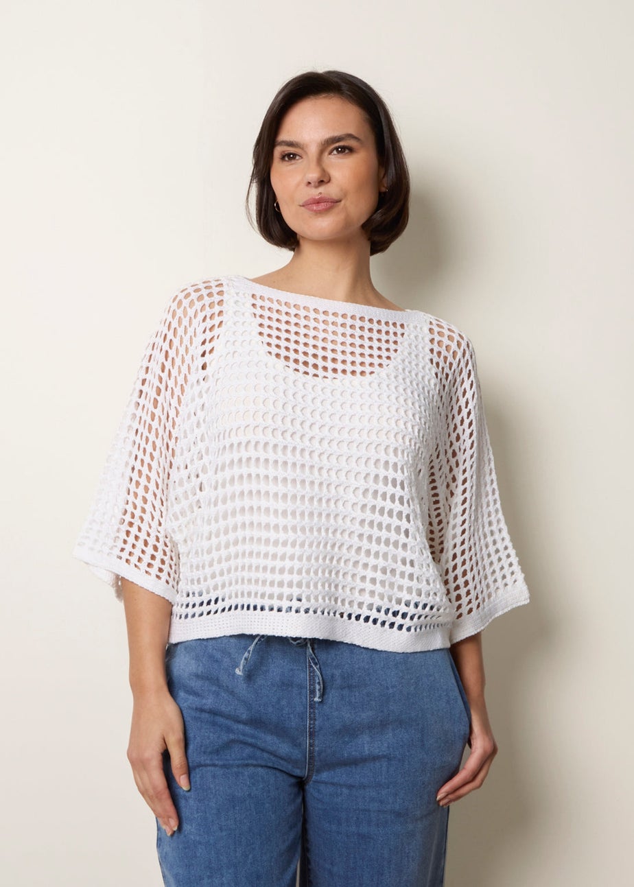 Blue Vanilla Ivory Round Neck Net Top