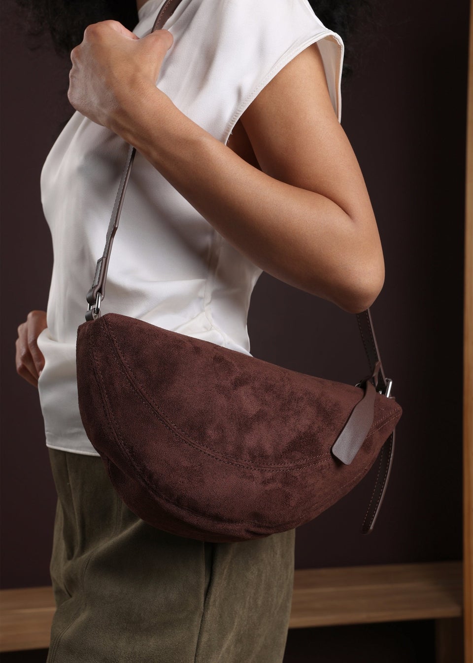 Where's That From Womens Cloud Dark Brown Suede Crossbody Shoulder Bag