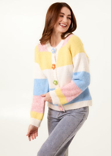 Blue Vanilla Yellow Multi Coloured Striped Cardigan With Flower Buttons