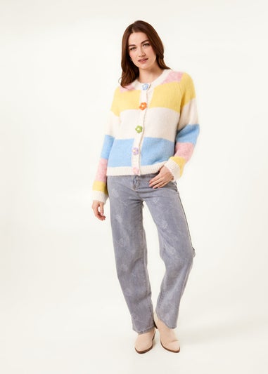 Blue Vanilla Yellow Multi Coloured Striped Cardigan With Flower Buttons