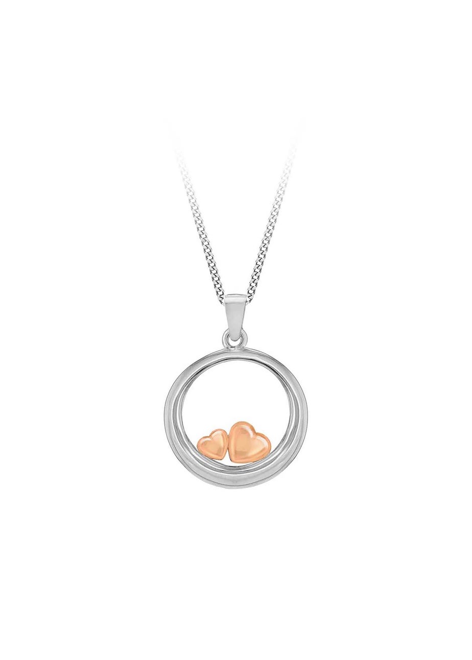 Golden Moments Sterling Silver White Circle & Rose Gold Hearts Pendant On Chain