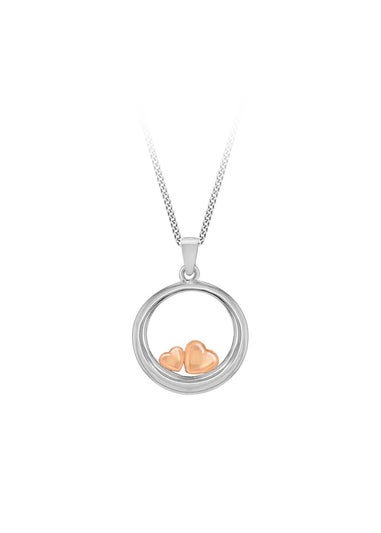 Golden Moments Sterling Silver White Circle & Rose Gold Hearts Pendant On Chain