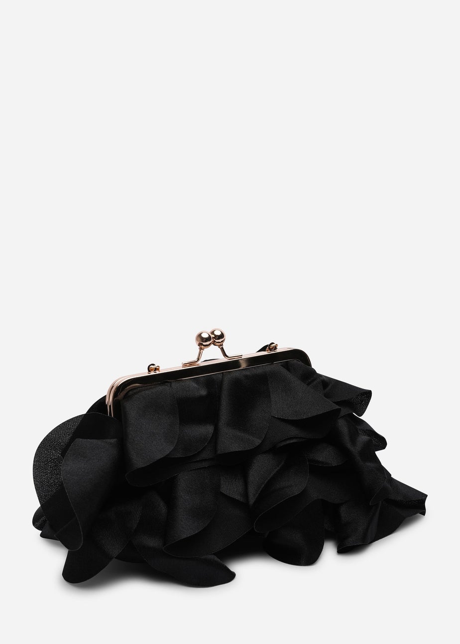 Where's That From Brume Black Ruffled Satin Kiss-Lock Clutch Bag