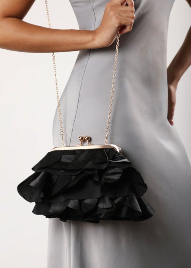 Where's That From Brume Black Ruffled Satin Kiss-Lock Clutch Bag