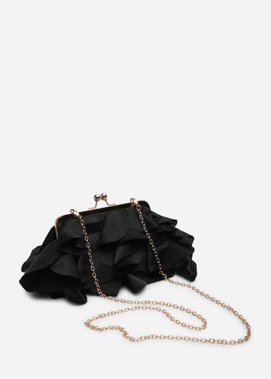 Where's That From Brume Black Ruffled Satin Kiss-Lock Clutch Bag