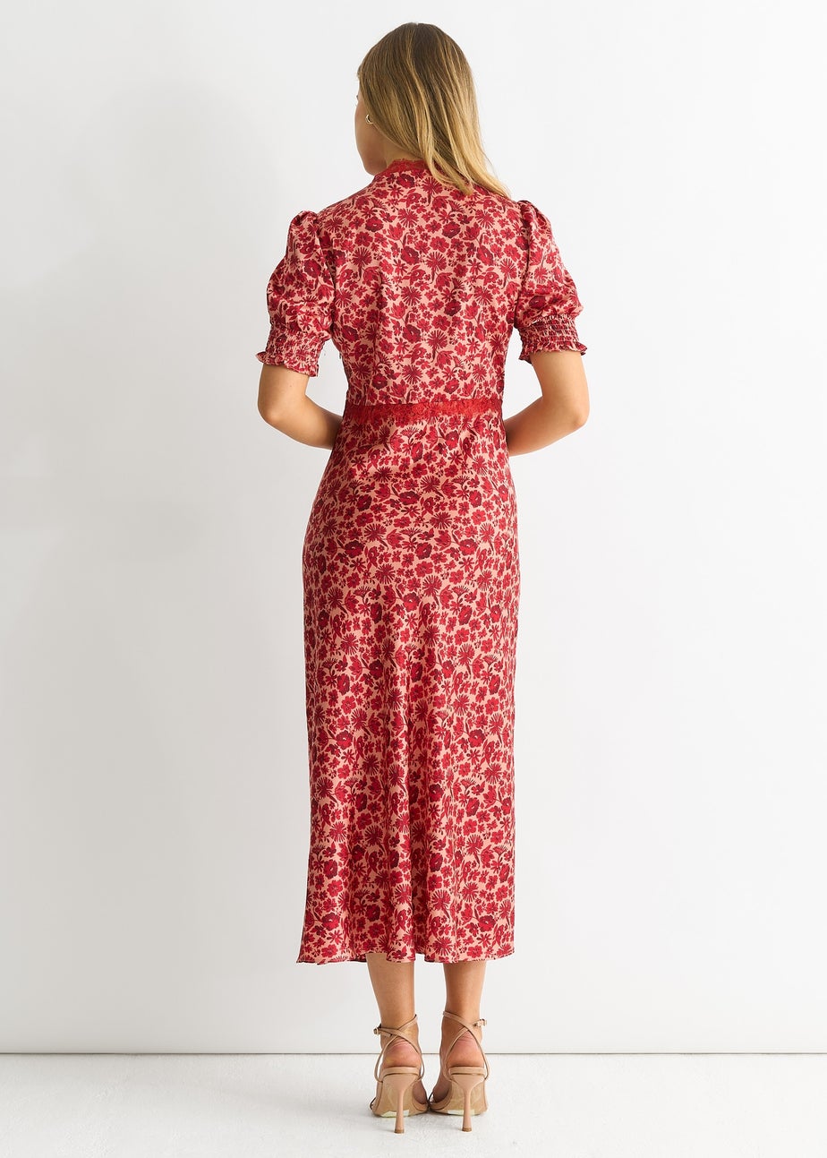 Gini London Red Floral Lace Trim V Neck Midi Dress