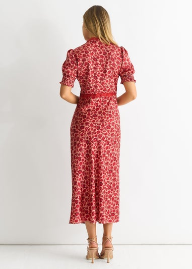 Gini London Red Floral Lace Trim V Neck Midi Dress