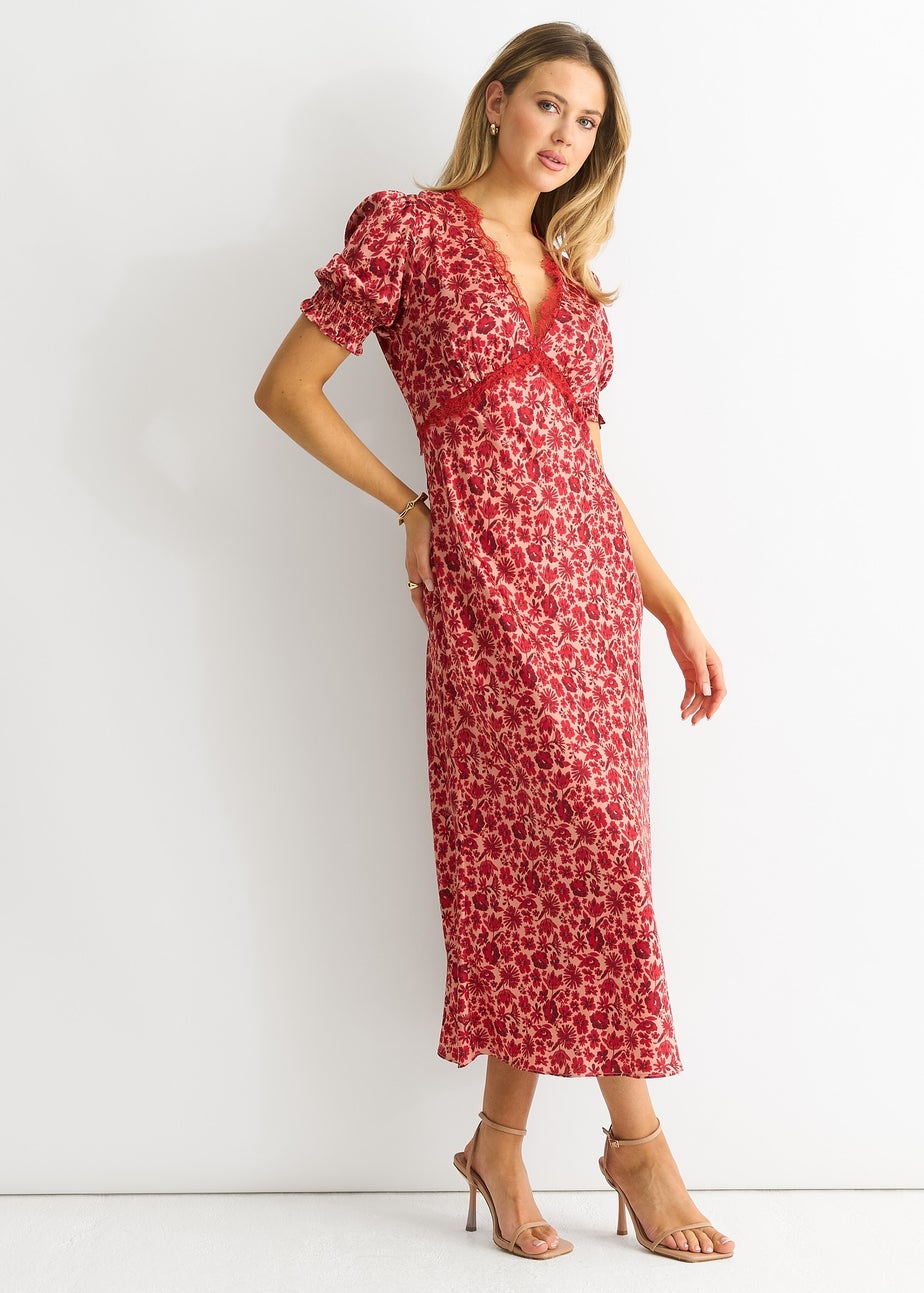 Gini London Red Floral Lace Trim V Neck Midi Dress