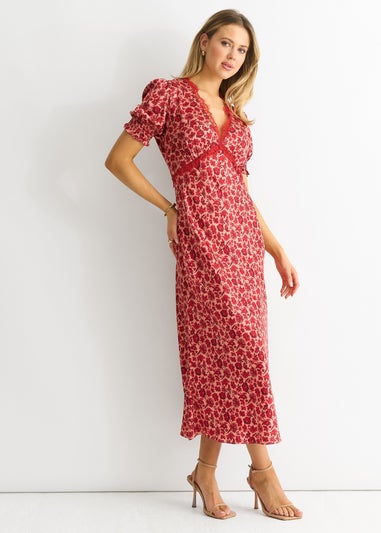 Gini London Red Floral Lace Trim V Neck Midi Dress