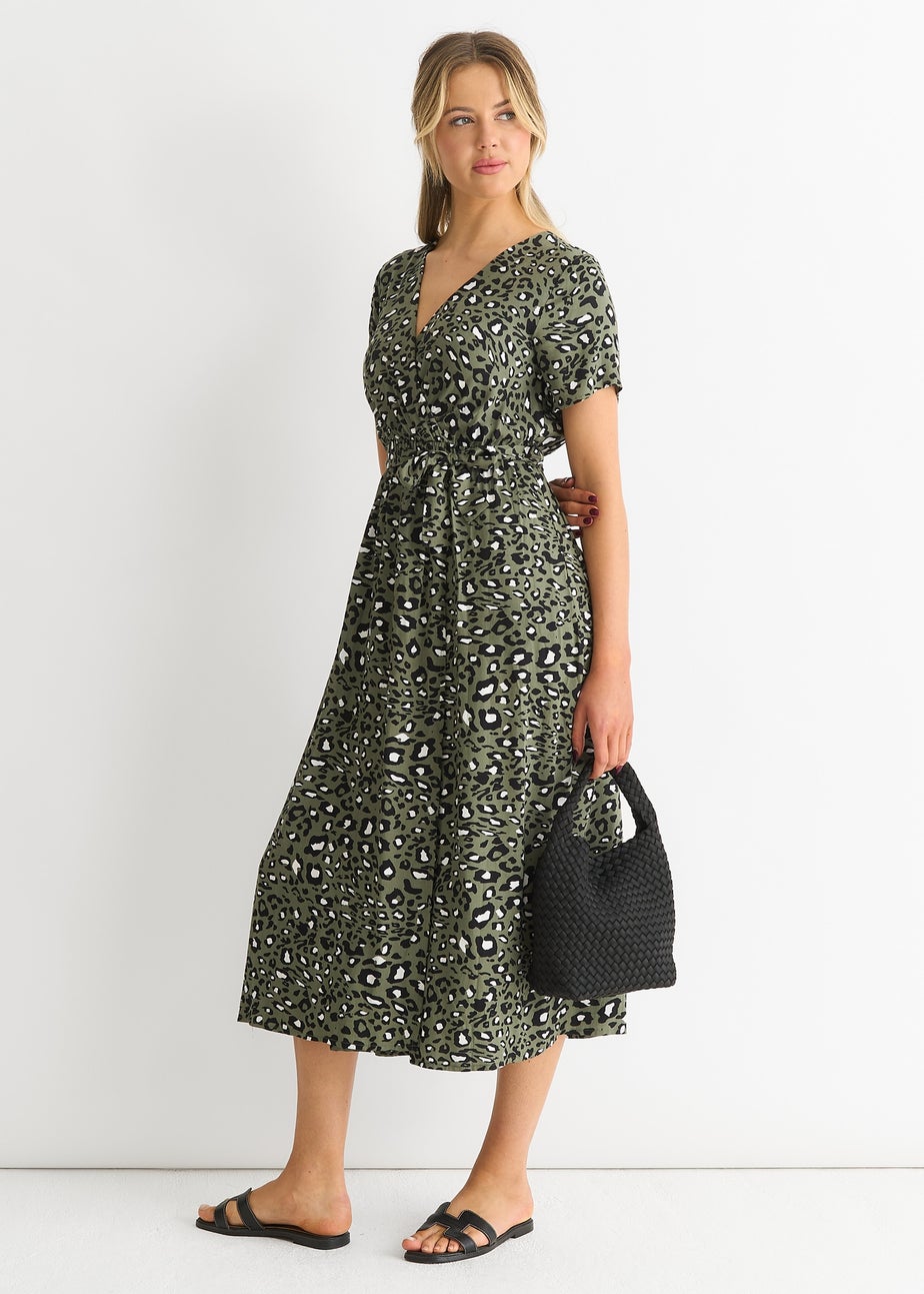 Gini London Khaki Short Sleeve Animal Print Wrap Front Midi Dress