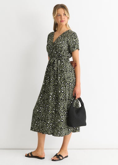 Gini London Khaki Short Sleeve Animal Print Wrap Front Midi Dress