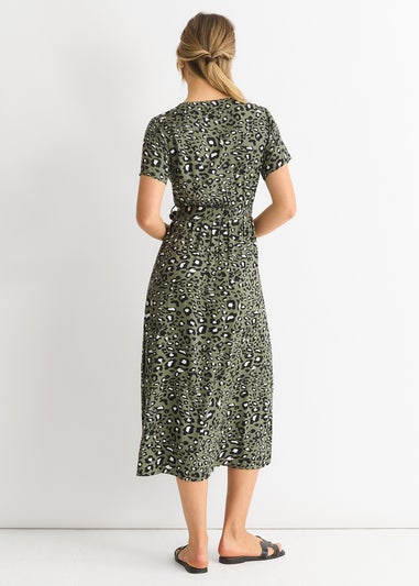 Gini London Khaki Short Sleeve Animal Print Wrap Front Midi Dress