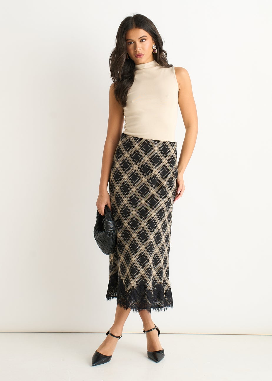 Gini London Navy Mono Check Contrast Lace Bias Skirt