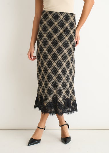 Gini London Navy Mono Check Contrast Lace Bias Skirt