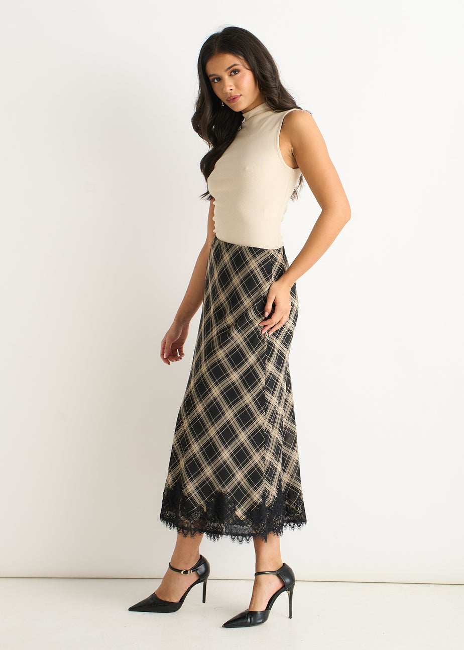 Gini London Navy Mono Check Contrast Lace Bias Skirt