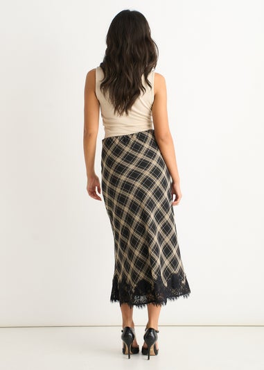 Gini London Navy Mono Check Contrast Lace Bias Skirt