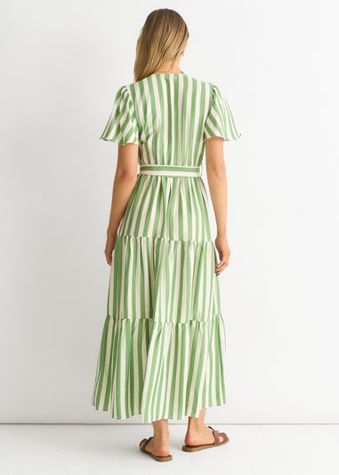 Gini London Sage Green Stripe Wrap Belted Viscose Midi Dress