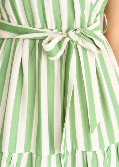 Gini London Sage Green Stripe Wrap Belted Viscose Midi Dress