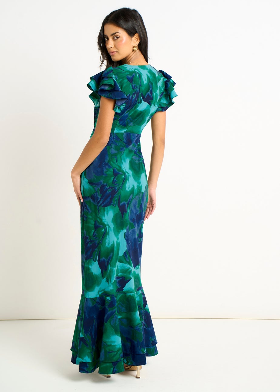 Gini London Green Watercolour Floral Maxi Dress
